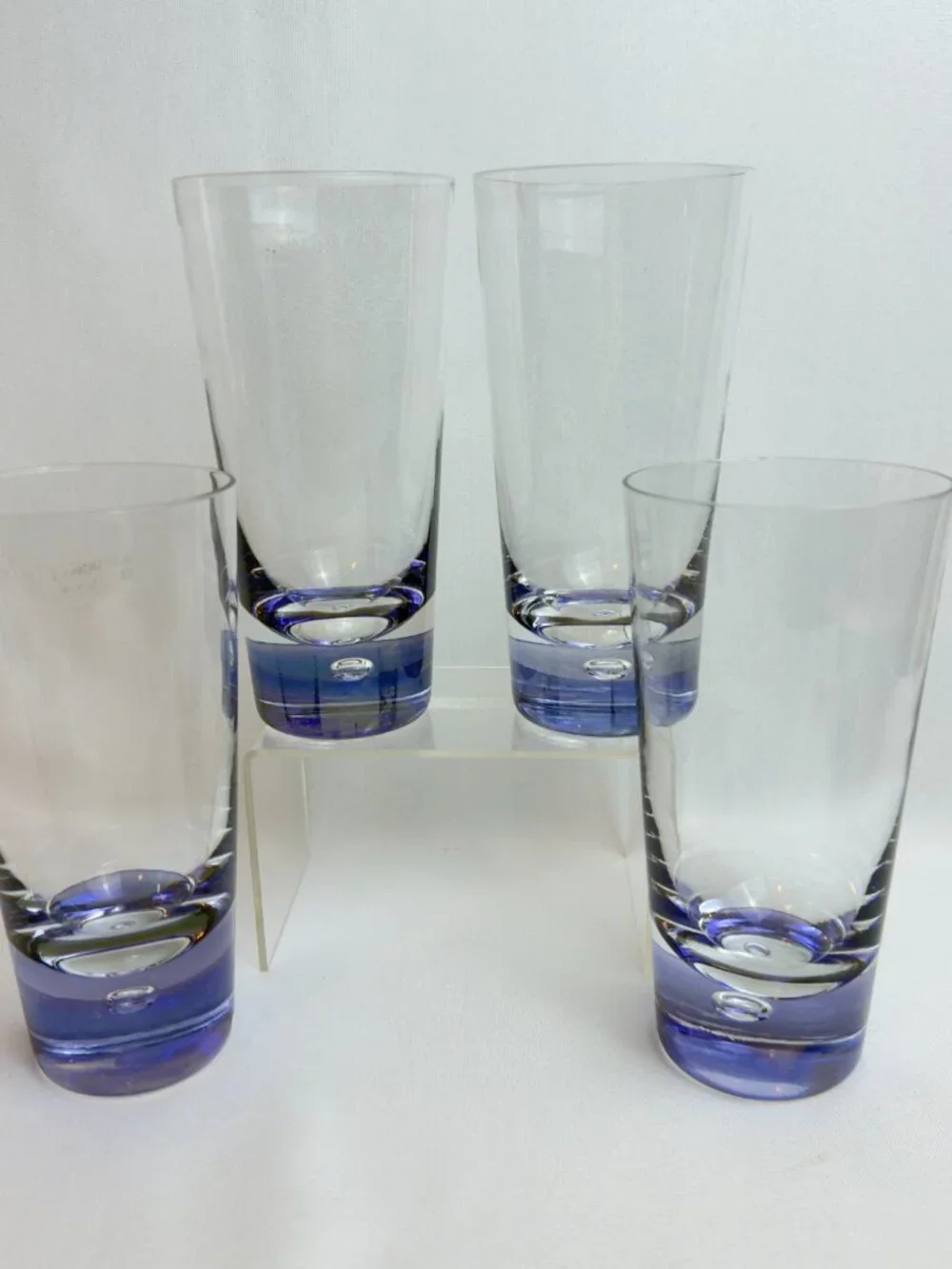 Handmade Polish Vintage Glass Tumblers 12 oz Blue/Purple Bubble Base Set of 4